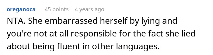 Screenshot of a Reddit comment about a woman embarrassing a new colleague by falsely claiming language fluency. Screenshot of a Reddit comment about a woman embarrassing a new colleague by falsely claiming language fluency.
