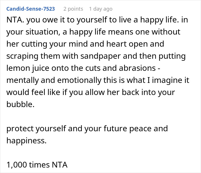 Comment emphasizing self-protection and happiness after mom tells daughter she wishes she was never born. Comment emphasizing self-protection and happiness after mom tells daughter she wishes she was never born.