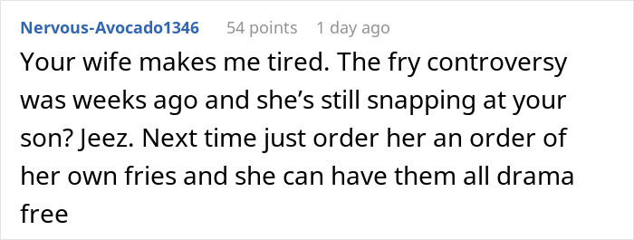 Screenshot of a Reddit comment discussing family drama after man films wife secretly to prove she eats his fries.