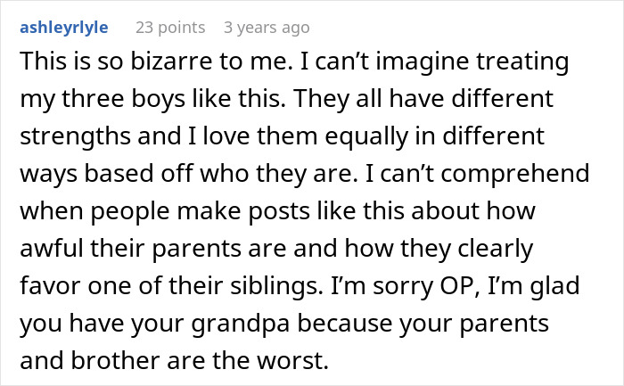 Comment discussing unfair parental treatment and sibling favoritism related to golden child and lost parents money in crypto context. Comment discussing unfair parental treatment and sibling favoritism related to golden child and lost parents money in crypto context.