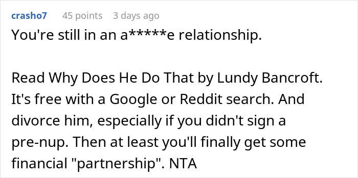 Comment on a financial relationship, advising to read about toxic behavior and highlighting lack of true financial partnership in a troubled relationship. Comment on a financial relationship, advising to read about toxic behavior and highlighting lack of true financial partnership in a troubled relationship.