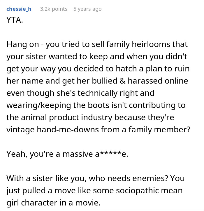Text post discussing a woman planning to sell grandma’s leather shoes and sister wearing them as a vegan. Text post discussing a woman planning to sell grandma’s leather shoes and sister wearing them as a vegan.