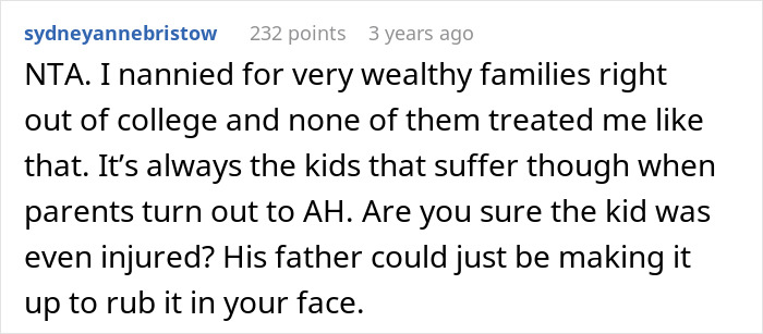Screenshot of a Reddit comment discussing rude, rich folks firing babysitter with false accusations and blaming her unfairly.