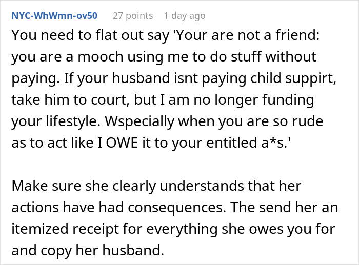 Screenshot of a user comment advising confronting a friend who mooched and never said thank you.