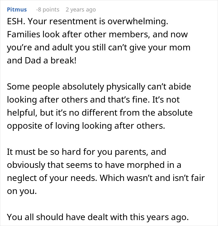 Comment discussing family resentment and challenges in caring for a disabled brother after a boundary was set. Comment discussing family resentment and challenges in caring for a disabled brother after a boundary was set.