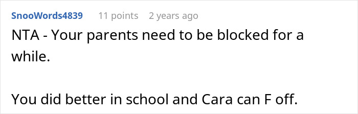 Screenshot of a social media comment discussing family dynamics after a sibling gets into the college of their dreams. Screenshot of a social media comment discussing family dynamics after a sibling gets into the college of their dreams.