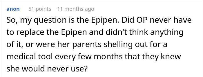 Comment discussing whether parents lied about their daughter's food allergies and the unused Epipen replacement.