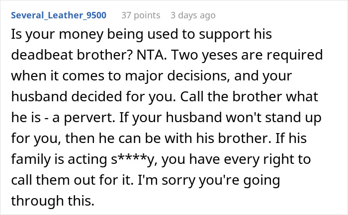 Comment discussing relationship issues after wife removes wedding ring due to family siding with creepy brother-in-law. Comment discussing relationship issues after wife removes wedding ring due to family siding with creepy brother-in-law.