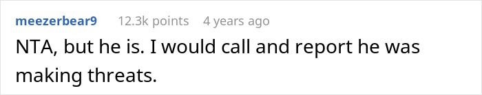 Comment text from user meezerbear9 expressing intention to report neighbor making threats over Halloween decor dispute.