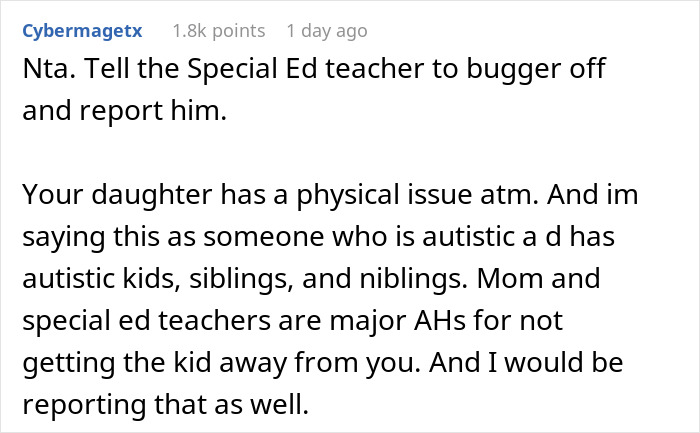 Comment on a forum post about a mom standing her ground over autistic student’s needs despite her own injured child. Comment on a forum post about a mom standing her ground over autistic student’s needs despite her own injured child.
