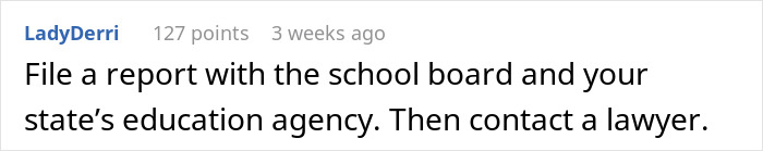 Comment suggesting to report the school board and contact a lawyer regarding diabetic kid’s glucose checking ban by math teacher.