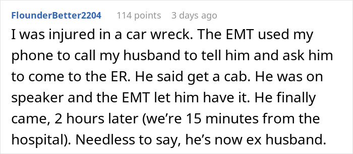 Text excerpt describing refusing to visit girlfriend in hospital after an injury from a car wreck shared on a forum.