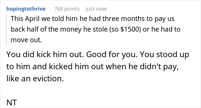 Screenshot of a comment discussing a 20-year-old mooching off parents and being kicked out after stealing $3K. Screenshot of a comment discussing a 20-year-old mooching off parents and being kicked out after stealing $3K.