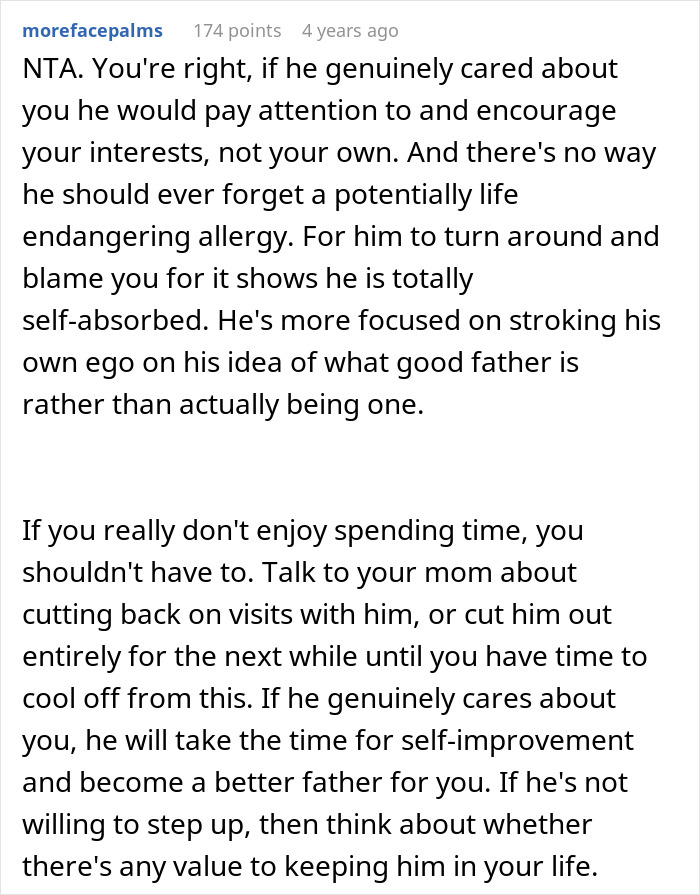 Teen tells dad would’ve remembered if cared after cake fail, highlighting a missed allergy and lack of attention. Teen tells dad would’ve remembered if cared after cake fail, highlighting a missed allergy and lack of attention.