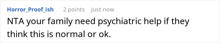 Comment text from user Horror_Proof_ish stating family needs psychiatric help due to bizarre fake adoption drama erupting. Comment text from user Horror_Proof_ish stating family needs psychiatric help due to bizarre fake adoption drama erupting.