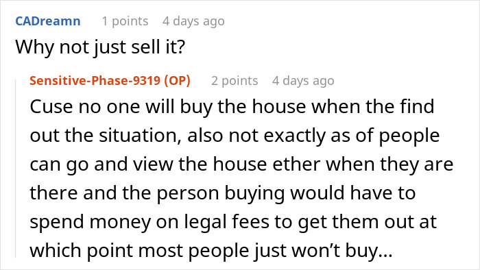 Comment discussing why selling an entitled brother house is challenging due to legal and viewing issues. Comment discussing why selling an entitled brother house is challenging due to legal and viewing issues.