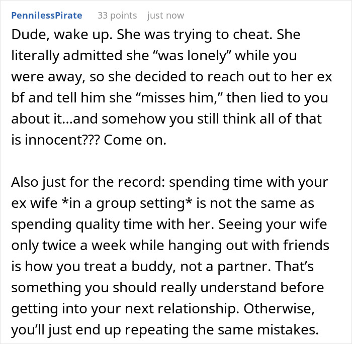 Comment explaining how a guy’s ex-wife cheated with his best man, warning about relationship mistakes repeated.