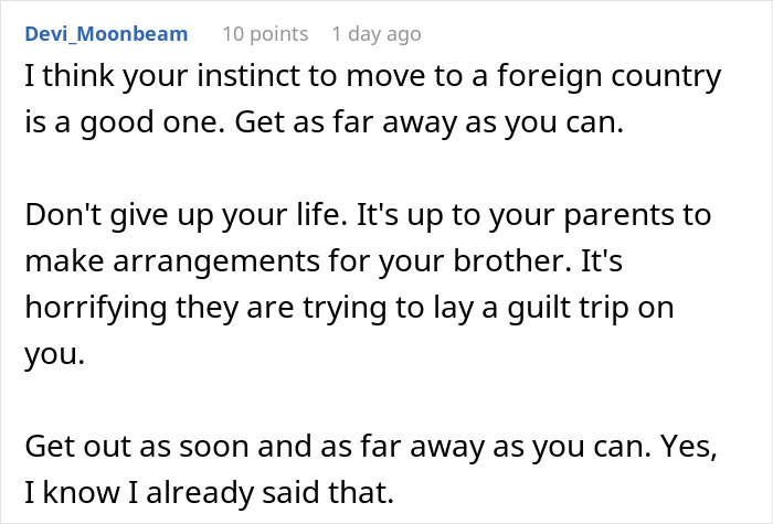 Alt text: Comment discussing neglect faced by sibling of autistic and epileptic brothers and parental demands on her salary