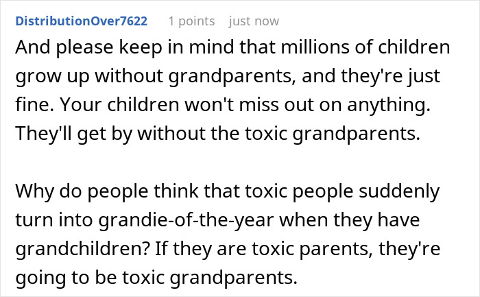 Comment text about toxic grandparents and children growing up without them, highlighting toxic in-laws and CPS disputes. Comment text about toxic grandparents and children growing up without them, highlighting toxic in-laws and CPS disputes.