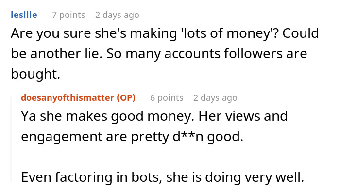 Screenshot of an online discussion about a gym influencer lying and the impact on her boyfriend’s relationship. Screenshot of an online discussion about a gym influencer lying and the impact on her boyfriend’s relationship.