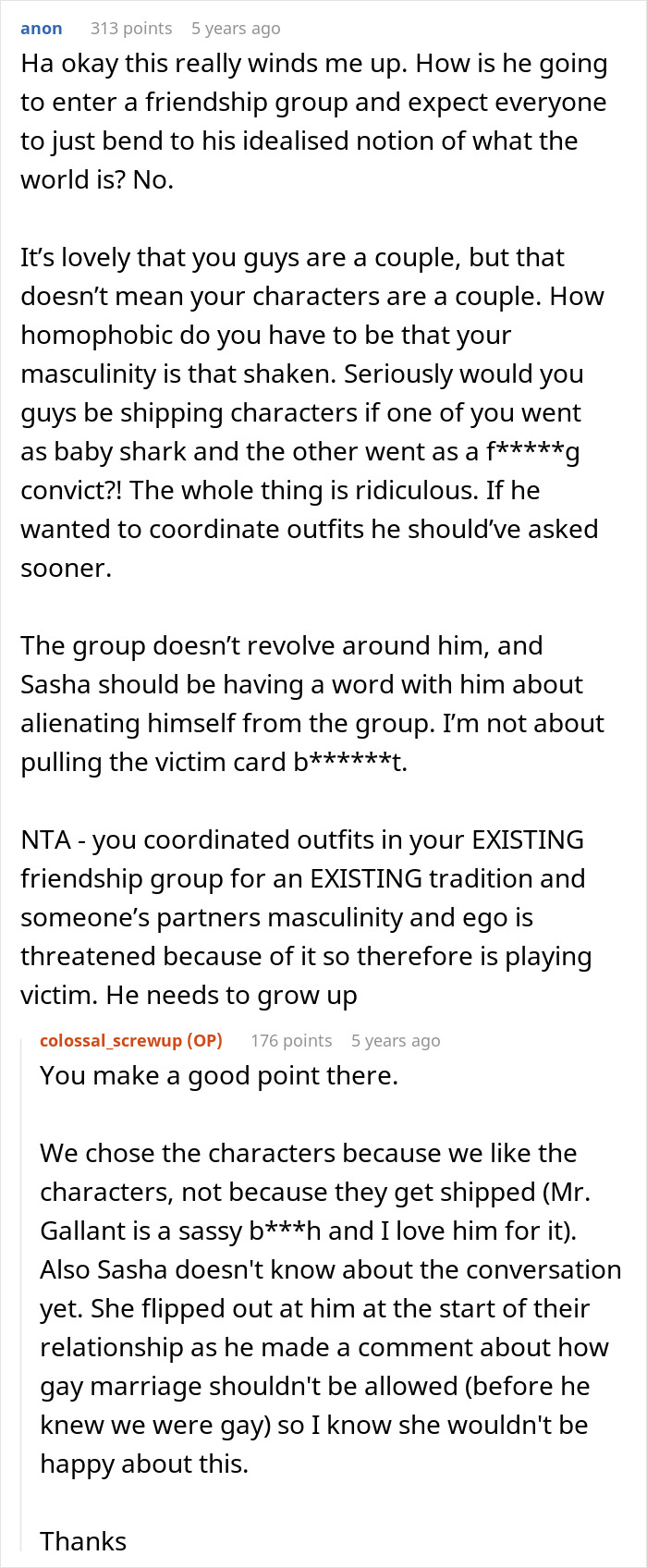 Comment discussing fragile masculinity and relationship issues sparked by discomfort over Halloween costume choices among friends. Comment discussing fragile masculinity and relationship issues sparked by discomfort over Halloween costume choices among friends.