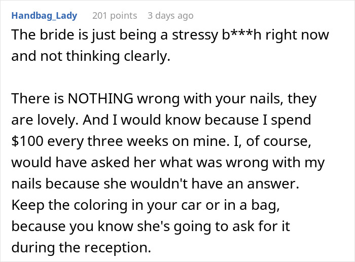 Bridesmaid doing her nails before a wedding as bride becomes self-conscious and reacts emotionally. Bridesmaid doing her nails before a wedding as bride becomes self-conscious and reacts emotionally.