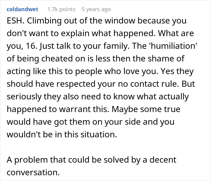 Text post discussing a guy climbing out the window after his mom tries to reconcile him with his ex-fiancé. Text post discussing a guy climbing out the window after his mom tries to reconcile him with his ex-fiancé.