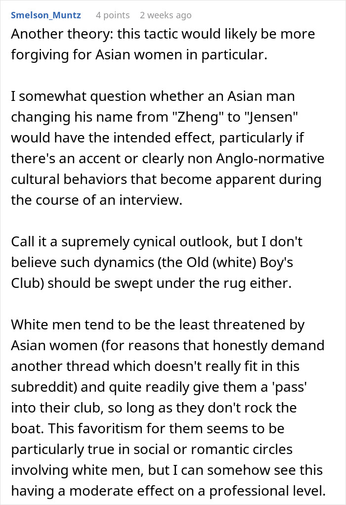 Screenshot of a discussion about name changes and job offers focusing on woman changes name to more white-sounding one. Screenshot of a discussion about name changes and job offers focusing on woman changes name to more white-sounding one.
