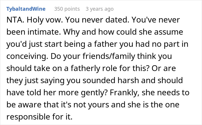 Screenshot of a forum comment discussing a woman keeping her ex’s baby and expecting a male friend to take a father role. Screenshot of a forum comment discussing a woman keeping her ex’s baby and expecting a male friend to take a father role.