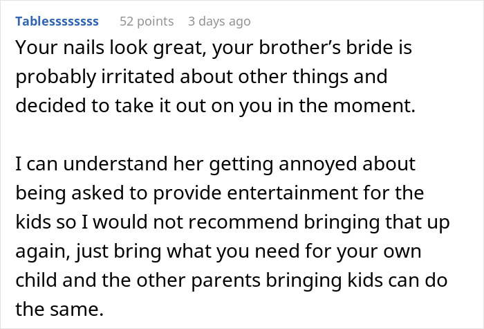 Bridesmaid doing her nails before wedding, causing bride to flip out and bridesmaid feeling self-conscious. Bridesmaid doing her nails before wedding, causing bride to flip out and bridesmaid feeling self-conscious.