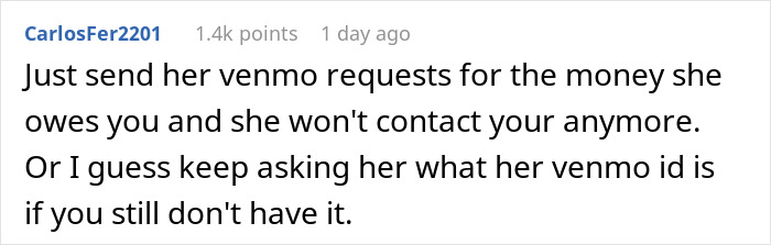 Text message advice about sending Venmo requests to a friend who forgot her wallet and didn’t say thank you.