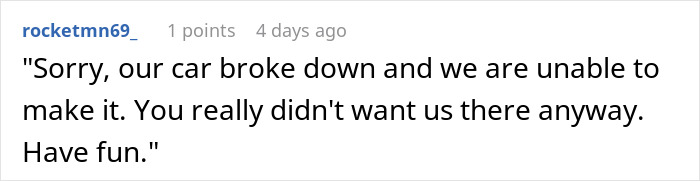 Comment screenshot showing a family separate drive Disneyland message about a broken car causing absence from a visit. Comment screenshot showing a family separate drive Disneyland message about a broken car causing absence from a visit.