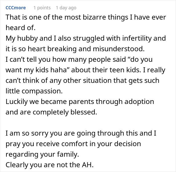 Comment discussing a woman's family causing drama over a bizarre fake adoption and struggles with infertility. Comment discussing a woman's family causing drama over a bizarre fake adoption and struggles with infertility.