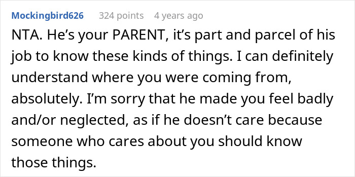 Reddit comment discussing teen’s feelings of neglect after dad’s forgetfulness in a cake fail situation. Reddit comment discussing teen’s feelings of neglect after dad’s forgetfulness in a cake fail situation.