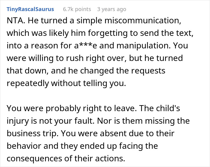 Comment discussing rude rich folks falsely accusing and firing babysitter, then blaming her for missing business trip consequences.