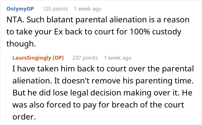 Reddit comments discussing parental alienation with dad losing legal rights, kids preferring bio mom over stepmom conflict.