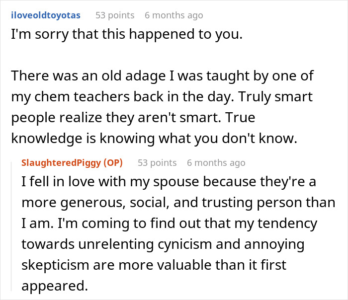 Reddit conversation about an educated person falling for a scam investment and surprising their spouse with debt and no savings.