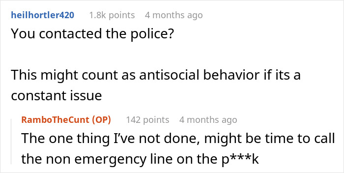 Reddit conversation about a male Karen repeatedly blocking neighbor's driveway with advice to involve cops.