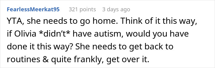 Reddit comment discussing woman’s work trip turned vacation and her autistic child refusing to go home. Reddit comment discussing woman’s work trip turned vacation and her autistic child refusing to go home.