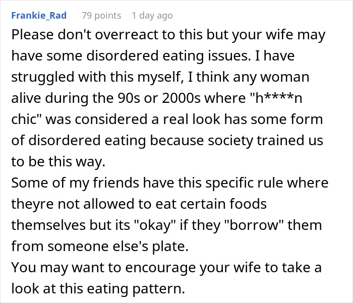 Comment discussing possible disordered eating issues related to wife secretly eating husband's fries, sparking family drama.