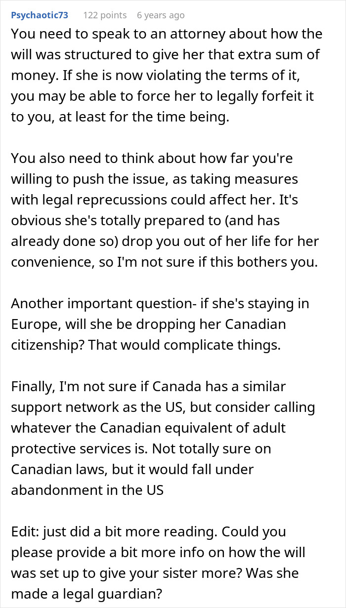 Text from a forum discussing legal advice regarding a sister abandoning their autistic brother and moving to Europe. Text from a forum discussing legal advice regarding a sister abandoning their autistic brother and moving to Europe.