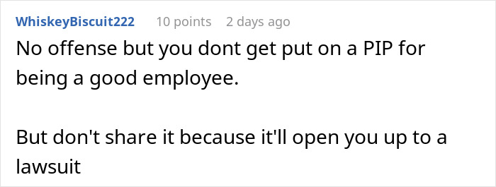 Comment from user WhiskeyBiscuit222 advising an employee about risks of exposing management and HR to coworkers.