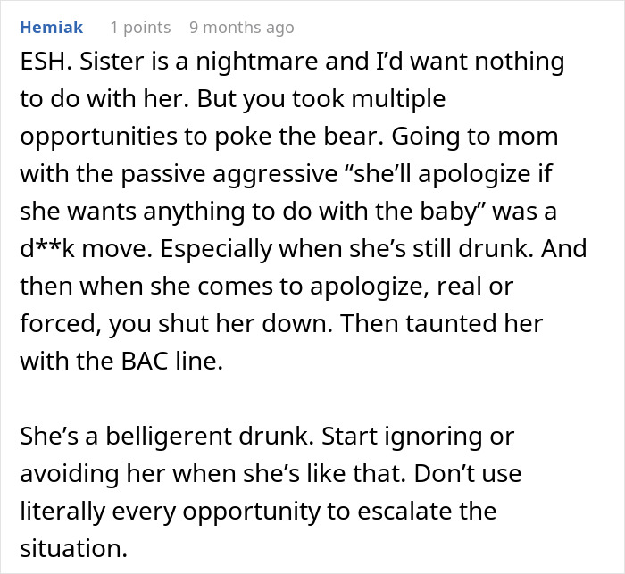Comment discussing a pregnant woman going no-contact with her sister after a Thanksgiving family conflict. Comment discussing a pregnant woman going no-contact with her sister after a Thanksgiving family conflict.