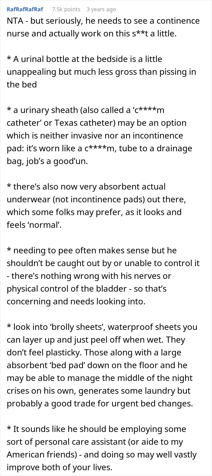 Comment discussing continence care options like catheters, incontinence underwear, and waterproof bed sheets for bladder control. Comment discussing continence care options like catheters, incontinence underwear, and waterproof bed sheets for bladder control.