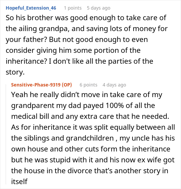 Forum conversation about entitlement involving brother, house inheritance, and family disputes over ride and care expenses. Forum conversation about entitlement involving brother, house inheritance, and family disputes over ride and care expenses.