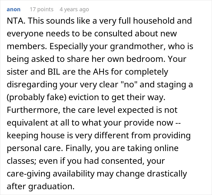 Comment discussing BIL trying to dump grandma on wife's siblings and sister called selfish for refusing care responsibility. Comment discussing BIL trying to dump grandma on wife's siblings and sister called selfish for refusing care responsibility.