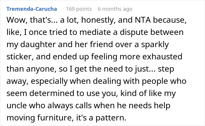 Comment text about meditating a dispute, illustrating drama involving stepdaughters disowning stepmother in a family conflict discussion. Comment text about meditating a dispute, illustrating drama involving stepdaughters disowning stepmother in a family conflict discussion.
