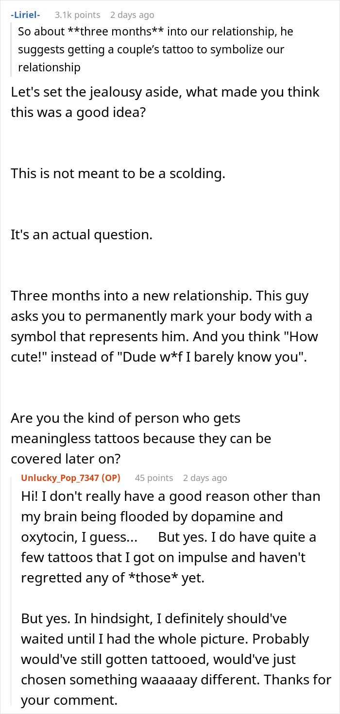 Woman couple discussing getting a tattoo from boyfriend ex, questioning the decision three months into relationship. Woman couple discussing getting a tattoo from boyfriend ex, questioning the decision three months into relationship.
