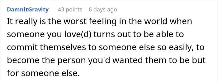 Comment expressing the pain of a relationship break every year when someone you love commits to another person easily. Comment expressing the pain of a relationship break every year when someone you love commits to another person easily.
