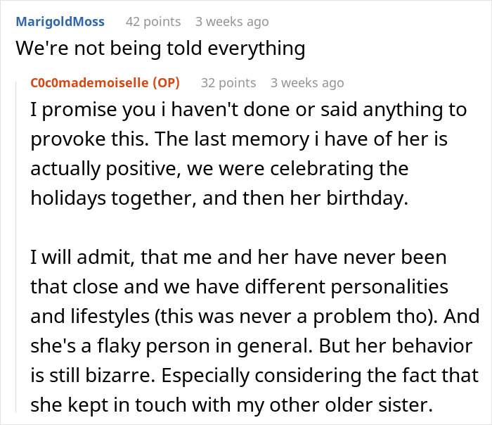 Reddit conversation discussing sibling cutting off contact and family ignoring the issue despite blocking on Instagram.